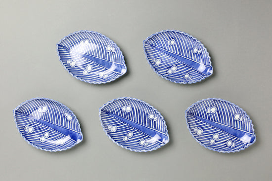 定期購入『 古染写 染付琵琶形皿 平向付 5客 7965 』 5枚組 日本料理 懐石 和食器 珍味入 刺身皿 取り皿 時代物 九谷焼 陶器 皿